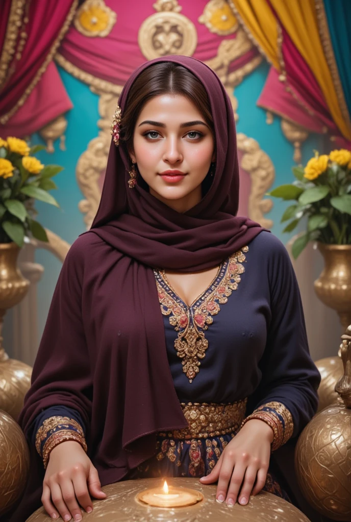 ((full body render)) , Persian Sassanid empire period woman , ((35 years old)) , casual face ,((Calm and proud face with a little smile)), Bright face , ((one-length haircuts))
, ((detailed face)) , Rembrandt light , (( in traditional red dress)) , (long blue scarf on head) , ((rose pattern on dress)) , ((background inspired by painting of Golestan Palace
by Kamal-ol-molk )), ((perfect rectangular frame))