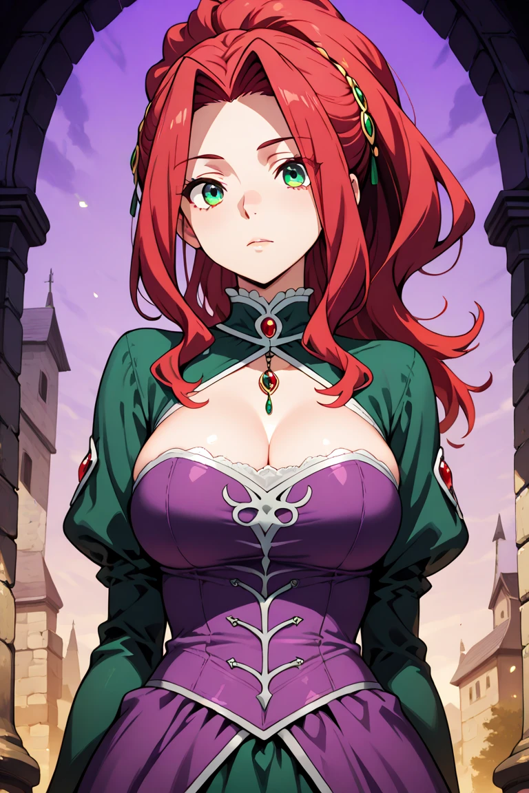 masterpiece, best quality, maou, horns, fur trim, black cape, long red dress, large breasts, smile, looking at viewer, garden, leaning forward, shiny skin <lora:maou-nvwls-v2:0.9>