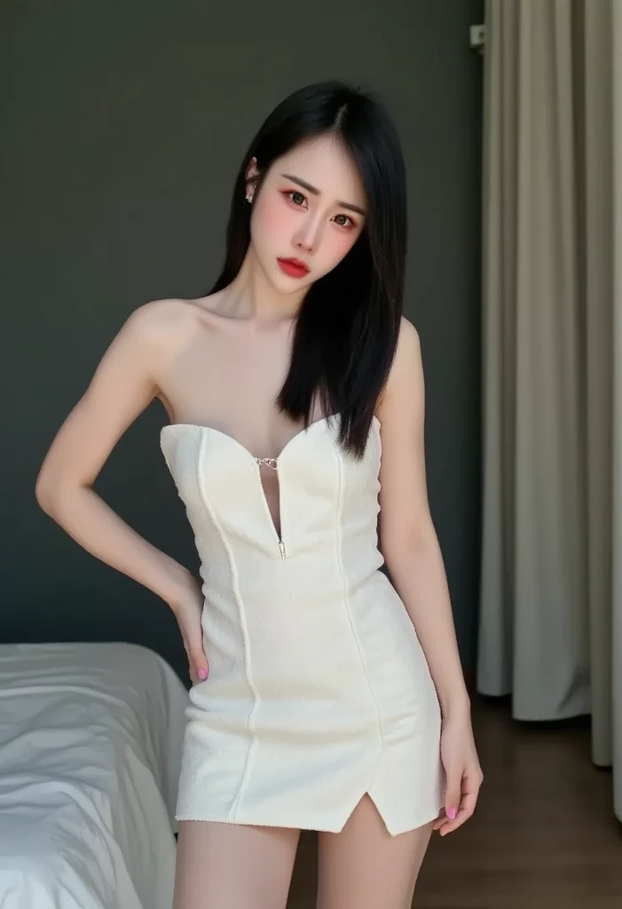 1 girl、-yeld fee、Beautie、A dark-haired、garments(Black strapless-shoulder japanese kimono、Casual enough to see underwear) and very slender figure,,,,,、very slender leganicure、earrings、Pink lip、a picture、lifelike、sexuell、top-quality、adopt、A detailed face、Detailed background、depth of fields、Full-body angle of view、Sitting on the couch with your knees、sexuell、solo、natta