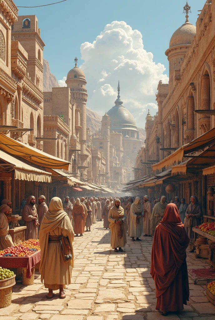 মুসলমানদের প্রাচীন এক শহরের বাজারে সবাই কেনাবেচা করছে এরকম একটি সুন্দর ছবি বানিয়ে দিন 