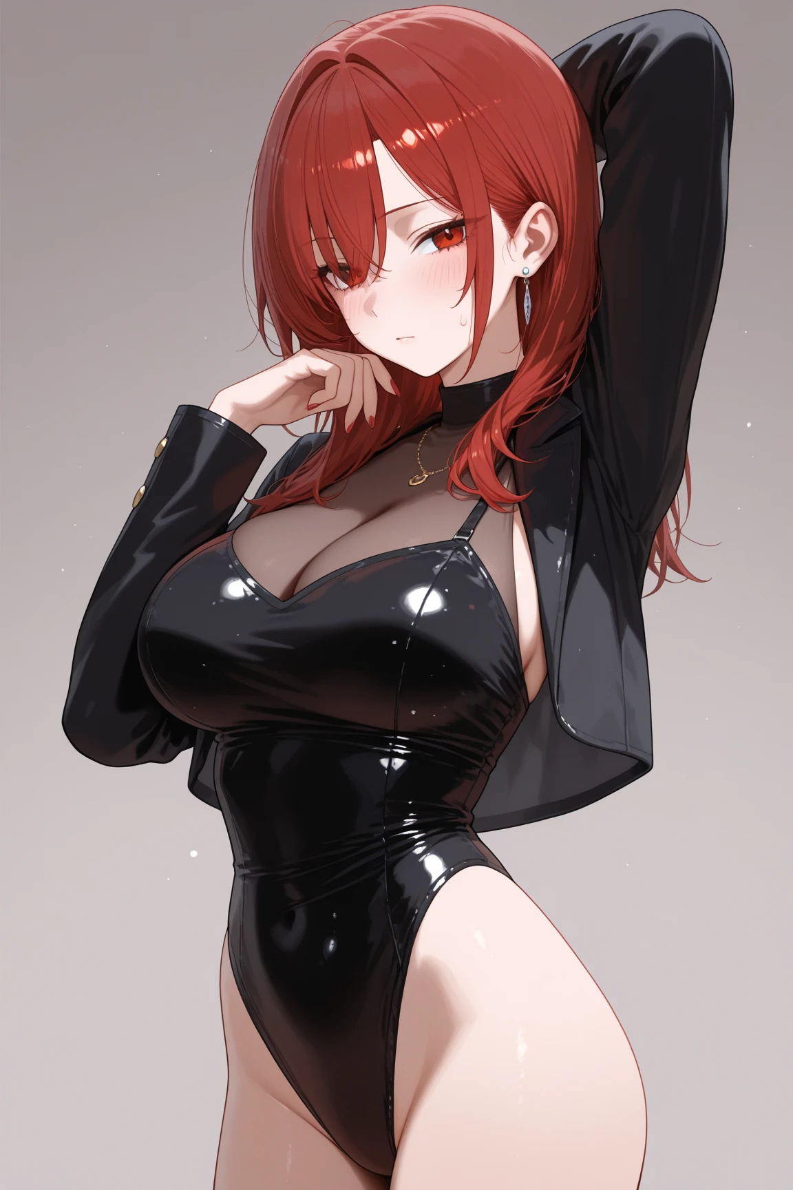 (highest resolution, clear_image) highest quality, a female's masterpiece, very detailed, semi-realistic,(most of the body), (highest quality, masterpiece, Super realistic),deep red hair, wolf cut, Torn black bangs, open jacket, shadows on the eyes, short hair, wolf cutの髪, green and blue stripes in hair, Eyes down, gone crazy, have, look up, cowboy view,intimidating pose、The whole body from head to foot、Powerful atmosphere、sharp eyes、cool beauty、walk with authority、suit、lift your hair with one hand、empress、adult dignity、Queen、胸元の開いたsuit、黒いドレスsuit、black pants、