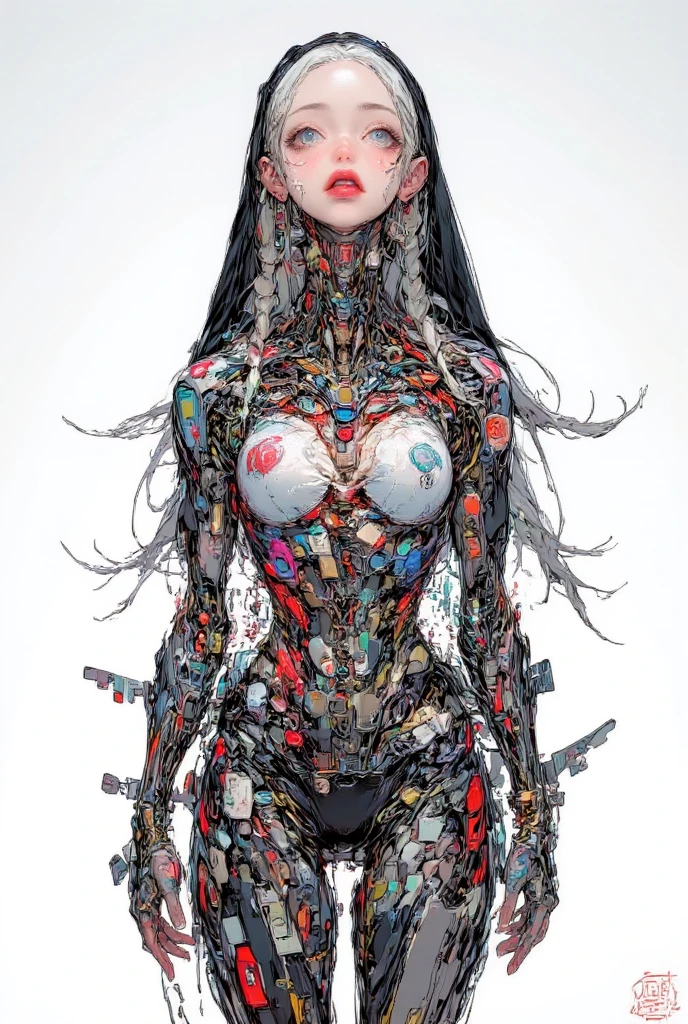 ((((masterpiece, 32K, high quality, very_high_resolution, large_filesize, full color)))), ((nsfw)), ((1girl)), (((Hatsune Miku VOCALOID))), (twintails), ((long hair)), ((grey skin:1.4)), (metallic silver hair), ((full nude)), upper body, (Limb restraints with arms outstretched), be taken in by a machin, ((Mechanical tentacles entwine around the body)), the body is part of the machine, fear and despair, both eyes closed, The body surface is dyed with a silvery film, (silver skin), ((silver hair)),restrained, (The machine takes in the girl), The lower body is assimilated with the machine, Ultimate physical beauty, ((inside the dark gundam cockpit)), (body glowing silvery), (super detailed skin), high resolution, high quality,((DarkGundam_Unit:1.5)), ((Biological_Unit)), green tentacles like cords, metallic shining hair, metallic shining face, (metallic shining naked body), eyes closed ,stationary restraints, tentacles, (liquid metal girl)