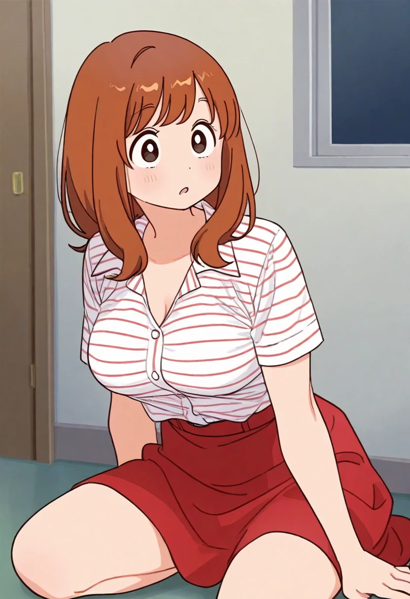 (masterpiece),best quality, full-body shot, ochaco_uraraka, 1girl, solo, expressive eyes, perfect face, 1girl, medium breast, good breast, beautiful, gorgeous ,round breast, sitting on a couch, brown hair, medium shot, indoors, classroom, cleavage, feminine, blushing, masturbation from below, Grab your own breasts, One girl, sit on the floor, Spread your legs, Raise your legs, underboob, visible bellybutton