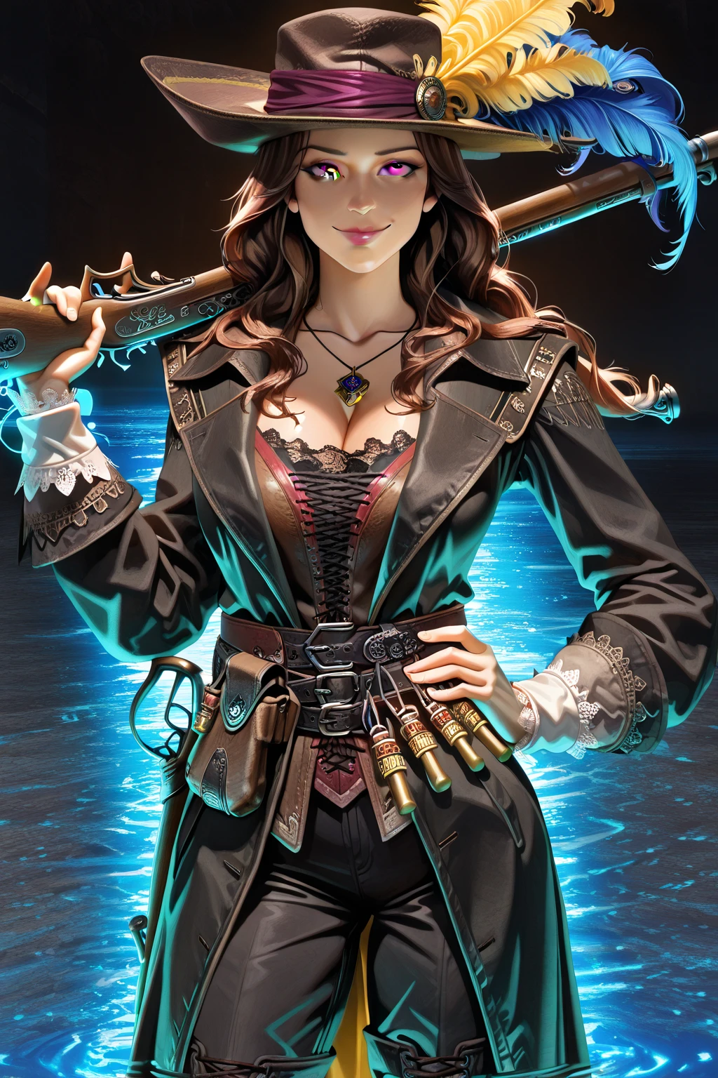 A fearless pirate captain with a series of intricate tattoos, commanding her ship during a thrilling adventure on the high seas, (Margot Robbie:0.8), closeup, shiny skin, vax, 3d, plastic, choker, earrings, eyelashes, eye shadow, lips, lipstick, jewelry, makeup, nose, lips parted, navel, beautiful blue eyes detailed, transparent, cheerful chest, detailed background, (night: 1.2), dark, scary, dark city, alley, chased, danger, worried, afraid, stressed, action pose, hyper-realistic, amazing fine details, nikon d850 film stockphoto kodak portra 400 camera f1.6 lens, rich colors, realistic texture, dramatic lighting, unreal engine, trend in artstation, cinestill 800 tungsten