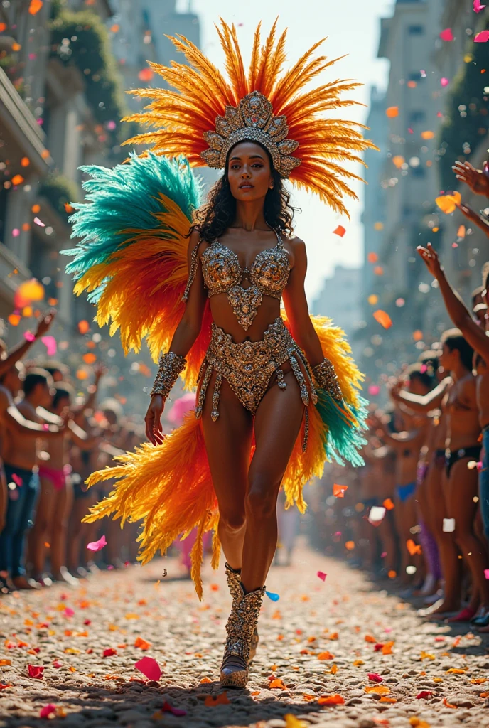Magnificent detail, 8K Photos, hyper- realism, realistic background, visual depth, wide angle lens, professional light. A beautiful Brazilian mulatto, 23 year old, braided hair, samba school dancer, all sweaty, dancing samba, parading samba in Sapucaí RJ. she is extremely hot, defined abdomen, thick muscular legs. [His body is completely painted, body painting full body.]  Lots of glitter. Tiny fantasy, sex cover style, only the intimate parties. Many feathers. beautiful ass.  breasts big, soft, Swinging. big-ass, seamless, Swinging. thick muscular legs. smirk on face. cheerfulness. Rio Carnival. The scene is a parade of a samba school in Rio de Janeiro.. lots of sweat. 