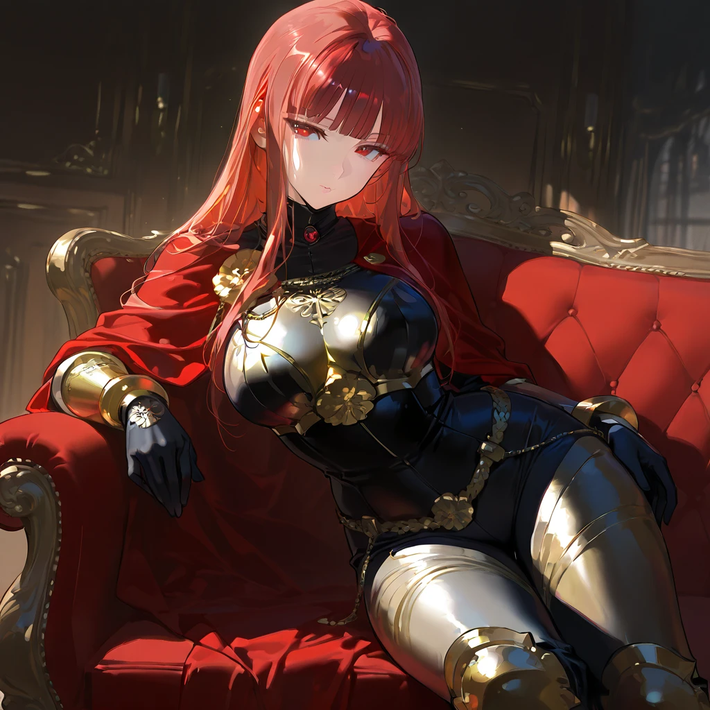 score_9, score_8_up, score_7_up, source_anime, solo, 1girl, kirijoarena, seductive smile, looking at viewer, sitting, spread legs, throne, hair over one eye, black bodysuit, black gloves, belt <lora:persona3_kirijou_ponyXL:1>