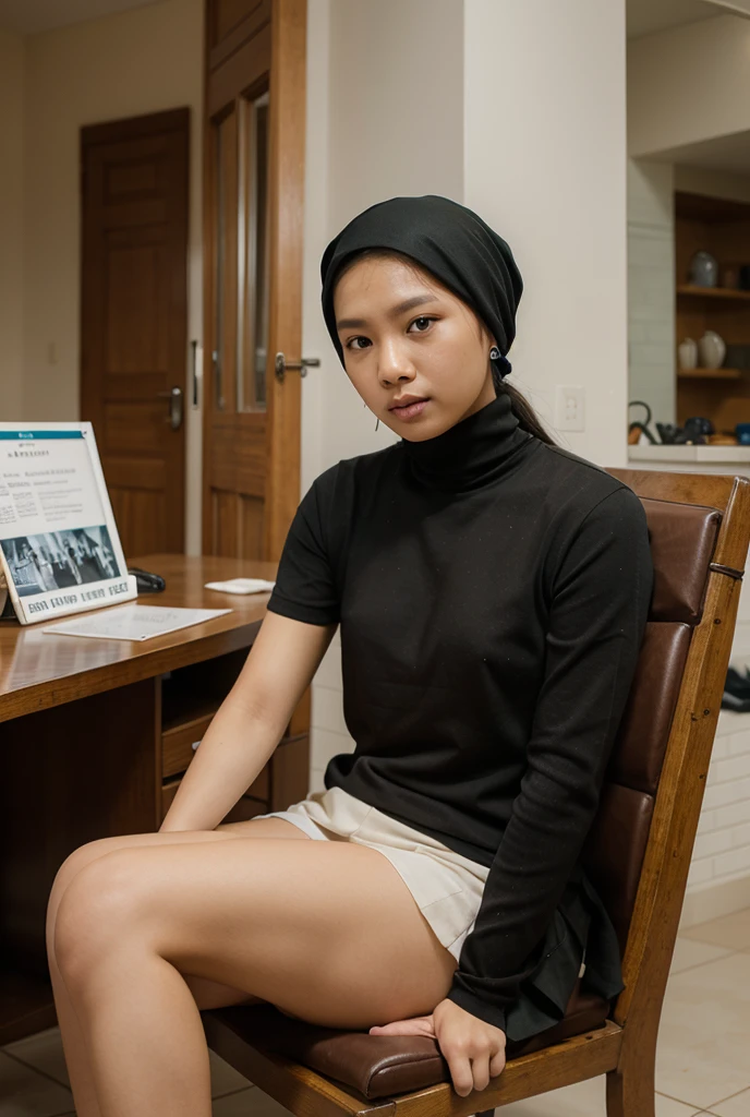 Malay woman naked in front of a yellow background seating on a high studio stool, glasses, hijab, white sneakers,naked, high to knee socks, mira filzah, perfect body, full body photography, photo of young malay woman, full shot portrait, in yellow background,