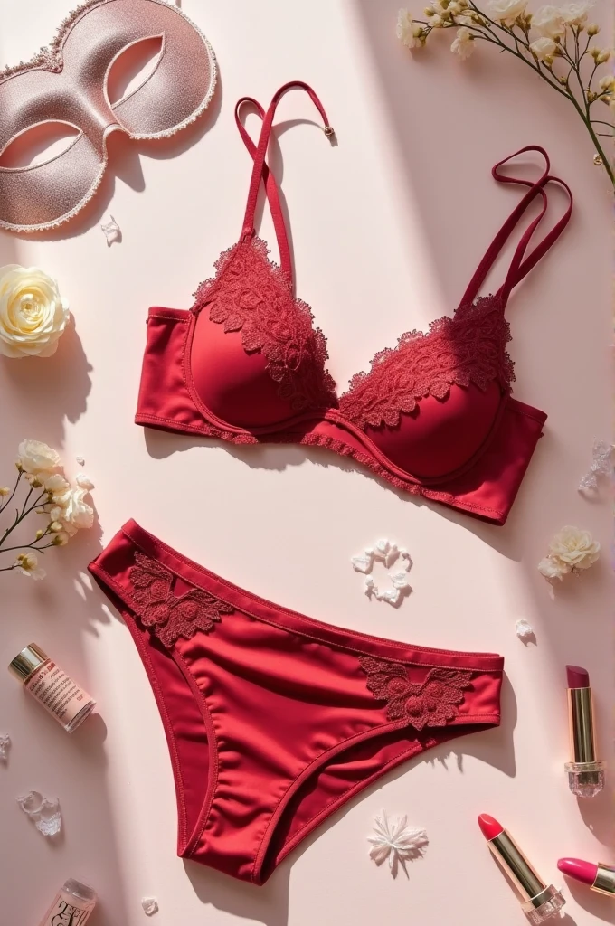 The image shows a red lace bralette and thong lying on a white surface with a few small white flowers scattered around it. The lingerie is made of a delicate lace fabric with a black lace trim around the edges. The straps of the lingerie are black and the cups are a light pink color. There is also a small white tag attached to one of the cups. The overall aesthetic of the image is feminine and feminine