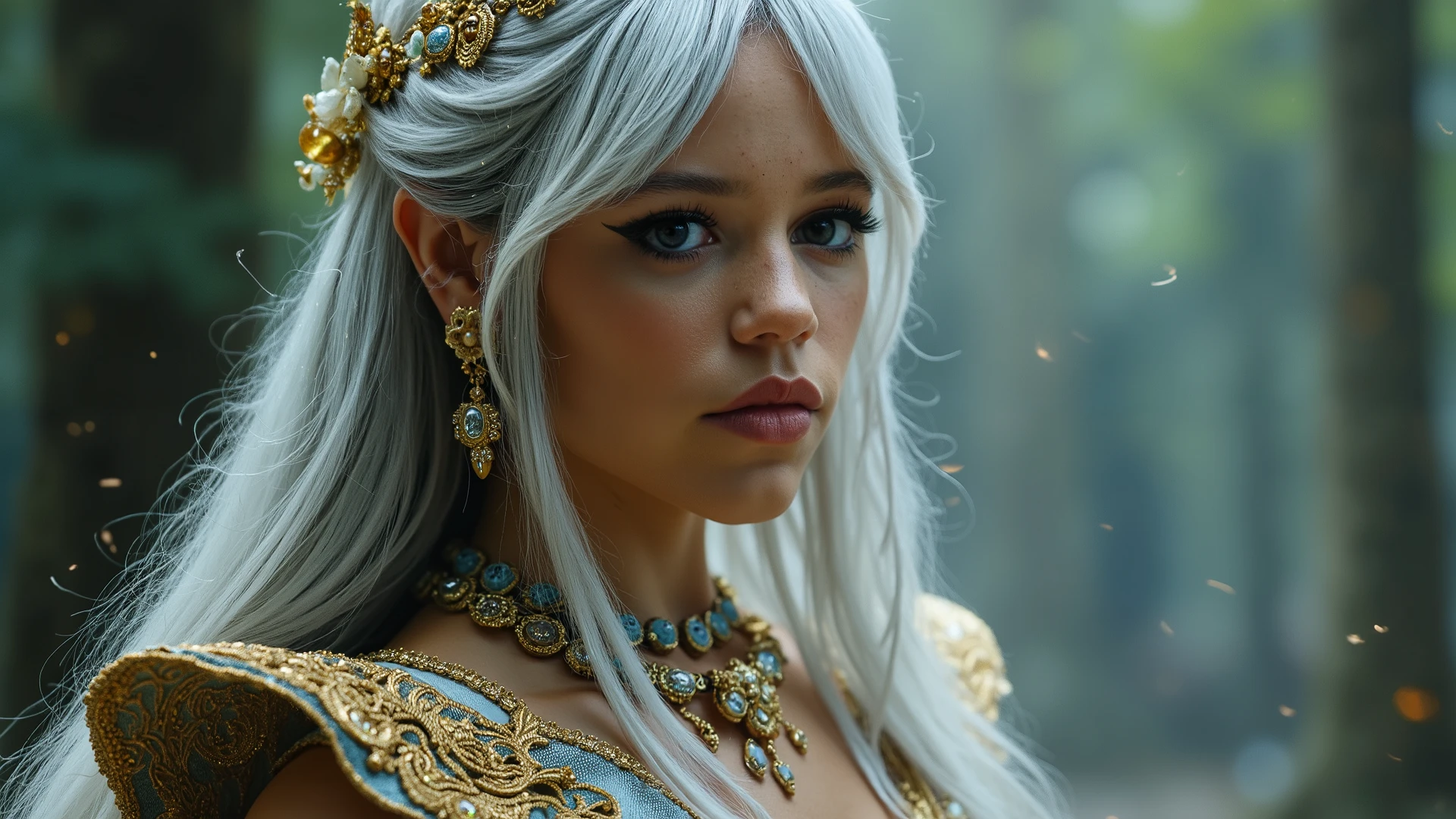 stunning fantasy portrait, elegant elven woman, long flowing silvery-white hair, delicate braids, intricate jewelry, piercing ethereal blue eyes, slightly pointed ears, magical otherworldly appearance, ornate golden and blue armor, glowing amber gemstones, floral motifs, mystical forest background, soft diffused lighting, sparkling particles in the air, enchanting atmosphere, rich detail and texture, regal mystical aura, fantasy setting