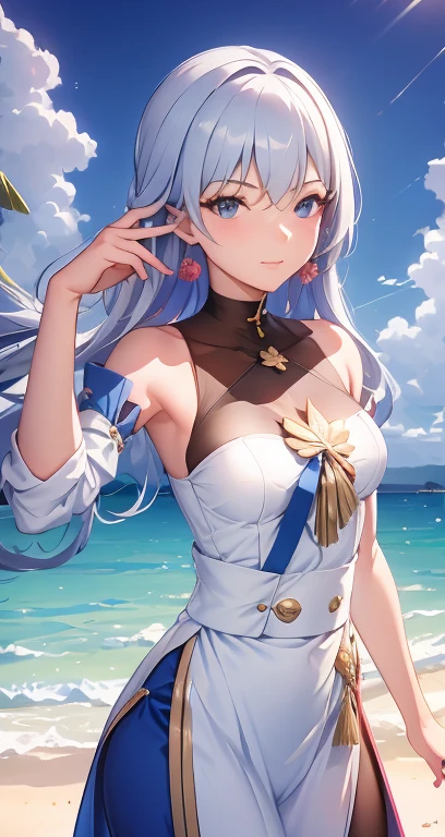 masutepiece, High resolution, 8K, anime woman, Delicate and detailed writing 、Detailed digital illustration、Very long hair and shiny、a very beautiful woman、Eyes are double, Big and cute,、Bust is D cup、High image quality, High quality、Detailed background、I'm wearing a hair ornament.、Glittering background、The inside of the eye shines like a diamond、4 fingers, 1 thumb、Detailed female face、Very beautiful and cute woman、Silver hair、Very luxurious hair jewelry、Dynamic Poses、Smile a lot、Very sunny sky background、Beautiful clouds and sun、Near the sea in Hawaii、white and gold swimsuit、Put a mesh in the hair、wide Shots