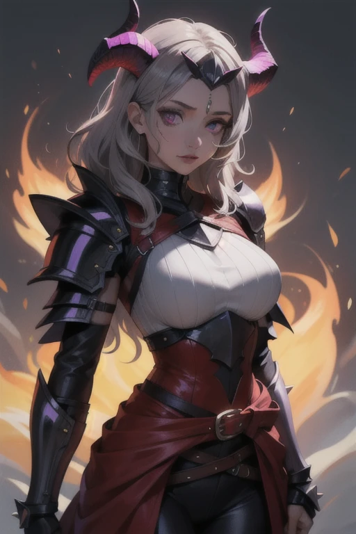 Photo of a hot aunt , highlighted gray hair , samurai shoulder armor, holy soward,(big boobs :1.4) bra, looking at viewer,particle,wind ,flames ,backlighting,rim lighting,upper body,hot pose