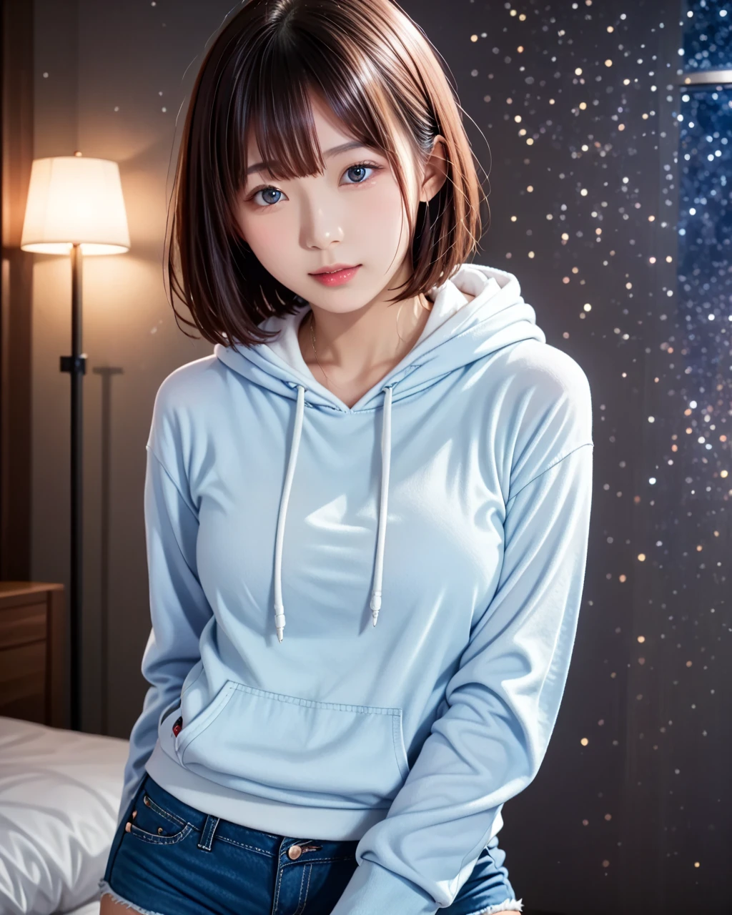 Knee-high high-heeled boots、Micro Mini Skirt、Pull-zip hoodie、One 1 woman、Short Bob Hair、Medium breast、A shy smile、masterpiece:1.3、Raw photo quality、Highest quality、Detailed Images、Detailed Background、Standing on the pier at night、White panties、((Pulpanty:1.3))、