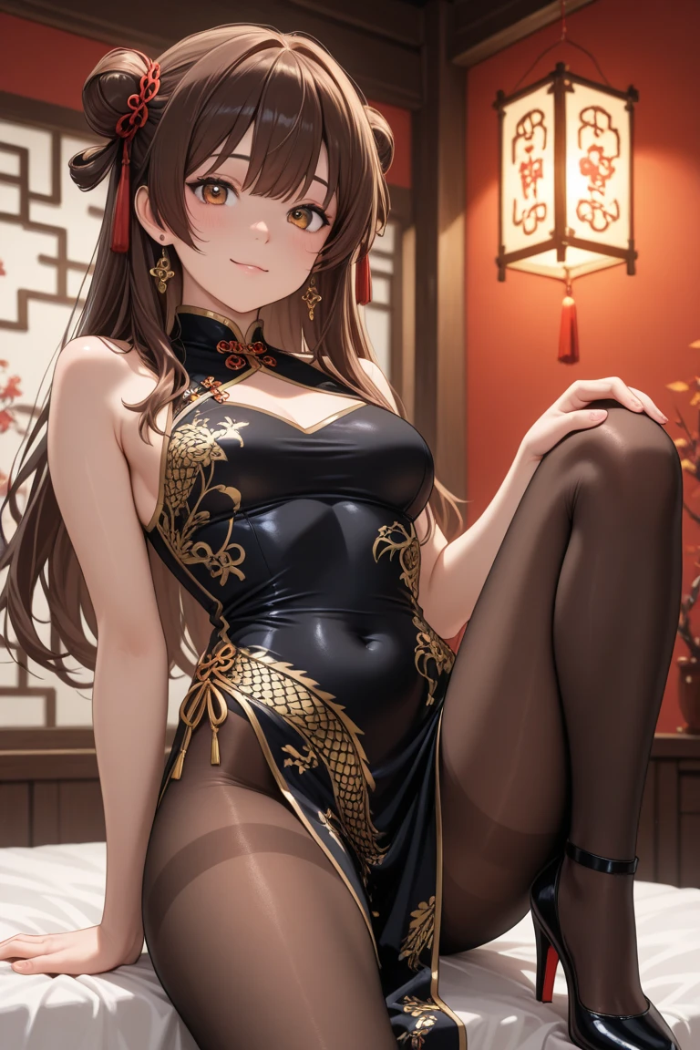 woman, white and gold chinese dress, spreading legs, lift one leg up, no pantie, brown hair with 2 buns, big breasts