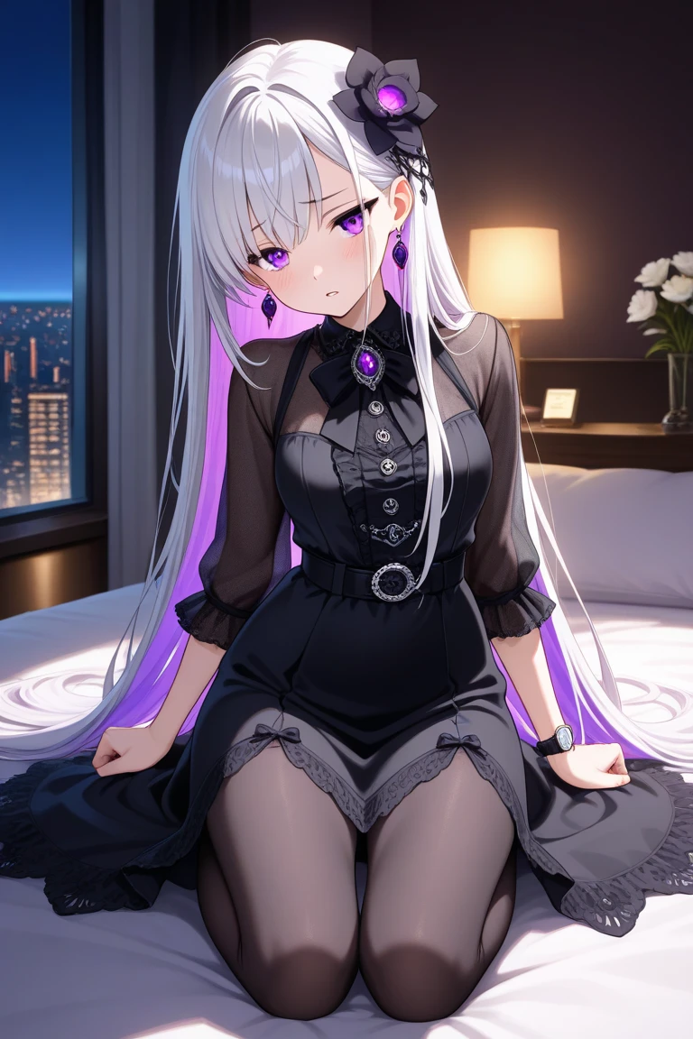 (masterpiece:1.3), (absurdres:1.3), (best quality:1.3), (ultra-detailed:1.3),(best shadow:0.7), (handled hair), perfect anatomy, 1girl, solo, noa, noa-outfit, halo, grey hair, purple eyes, blunt bangs, very long hair, sleeveless, bondage_outfit, dominatrix,