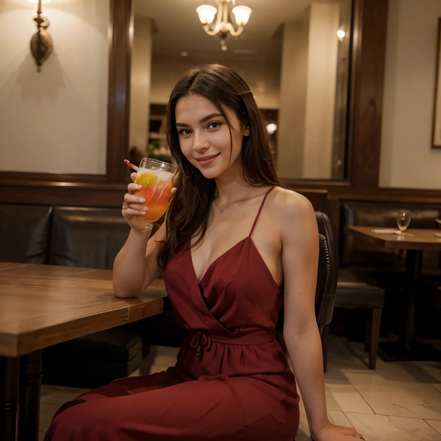 a woman, elegant, with wavy half-long black hair, dressed in a skinny orange dress, nice chest, sexy, also in front of a table sitting, beach restaurant, realistic , smiling, 9:16 aspect ratio, nice , hyper-realistic image that could be mistaken for a real photograph