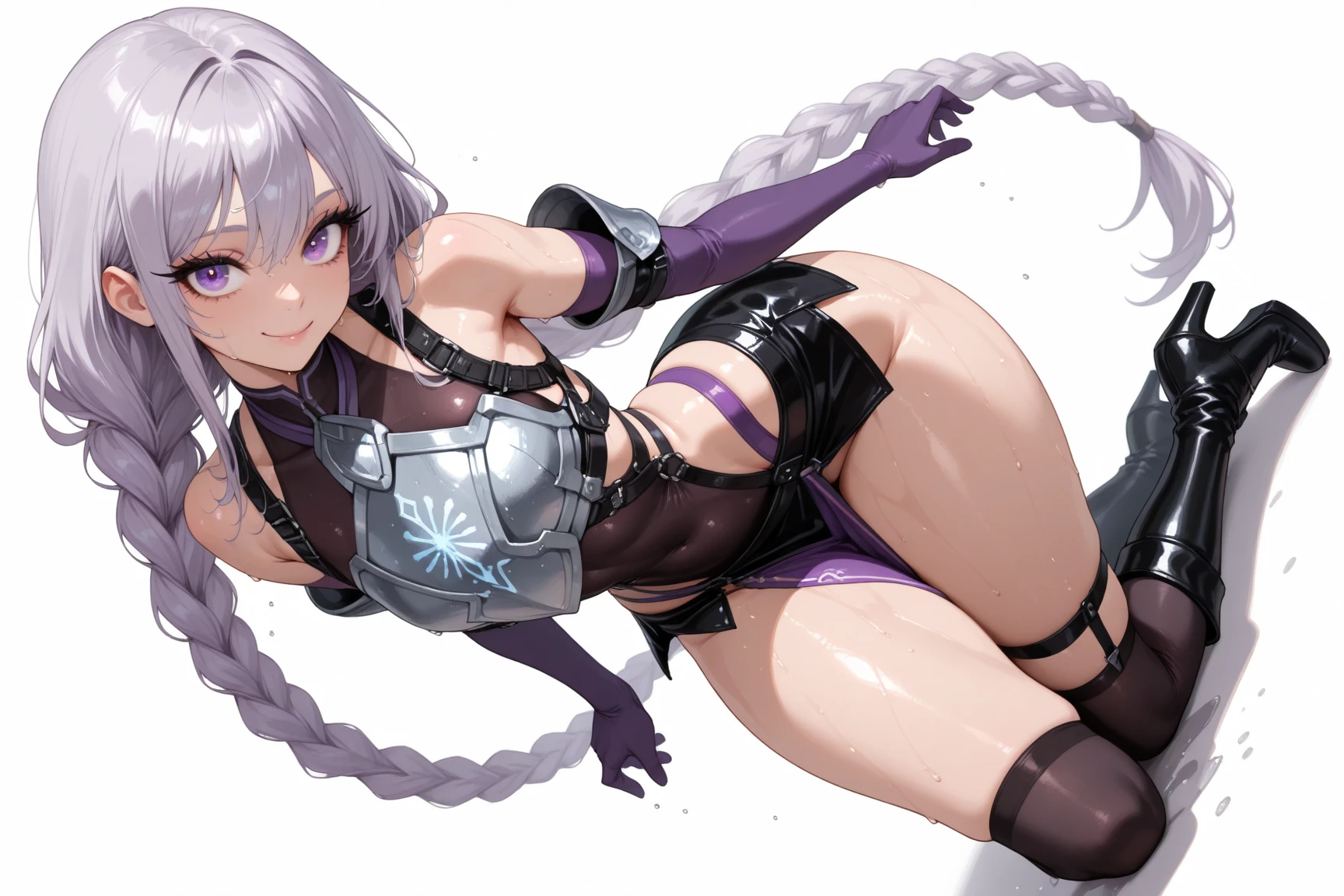 Very detailed, clear, beautiful body, Beautiful nose, Beautiful character design, perfect eyes, perfect face, very high, 4k, Beautiful legs, perfect legs, good hand, perfect hand, Masterpiece, best quality, haveรายละเอียดสูง, illustration, nonsense, perfect anatomy, street fighter, doll set, Chadaloo Doll, doll set, expressionless, empty eyes, look at viewer, red gloves, Emotionless, black Latex, corruption, mind control, female warrior, full body, hypnotized, ความมึนงงที่ไม่haveความสุข, full body suit, Ribbed bodysuit, Both arms are at the sides., obey, perfect woman's body, extremely glossy Latex, hypnosis, Hipnolora, empty eyes, mind control device, Poses, give up_Pose, slave, standตัวตรง, stand, stand at attention, have, necktie, belt, Latex, Ribbed bodysuit, thigh high, garter belt, fighting posture, Extend your right arm away from your shoulder into the air with your hand straight., soldier, thigh boots, 1 girl, hair accessories, purple hair, My hair is very long., blue eyes, Heal the world, Healing Good Precure, from behind, view from behind, is