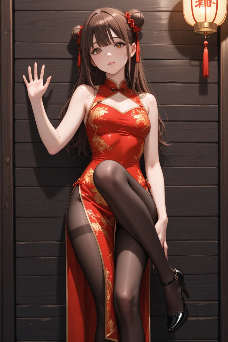 (masterpiece, best quality:1.2),illustration,8k,hd,1girl,solo,cowboy shot,dsr-50 (girls frontline),standing,china dress,chinese clothes,brown hair,large breasts,hair flower,lace-trimmed legwear,hair ornament,red dress,underwear,red eyes,lace trim,brown thighhighs,pelvic curtain,side slit,smile,cleavage cutout,blush,clothing cutout,red footwear,sidelocks,black panties,very long hair,garter straps,blunt bangs,shoes,detached sleeves,black thighhighs,high heels,bangs,ahoge,garter belt,bare shoulders,side-tie panties,<lora:Dsr-50(gf)>,