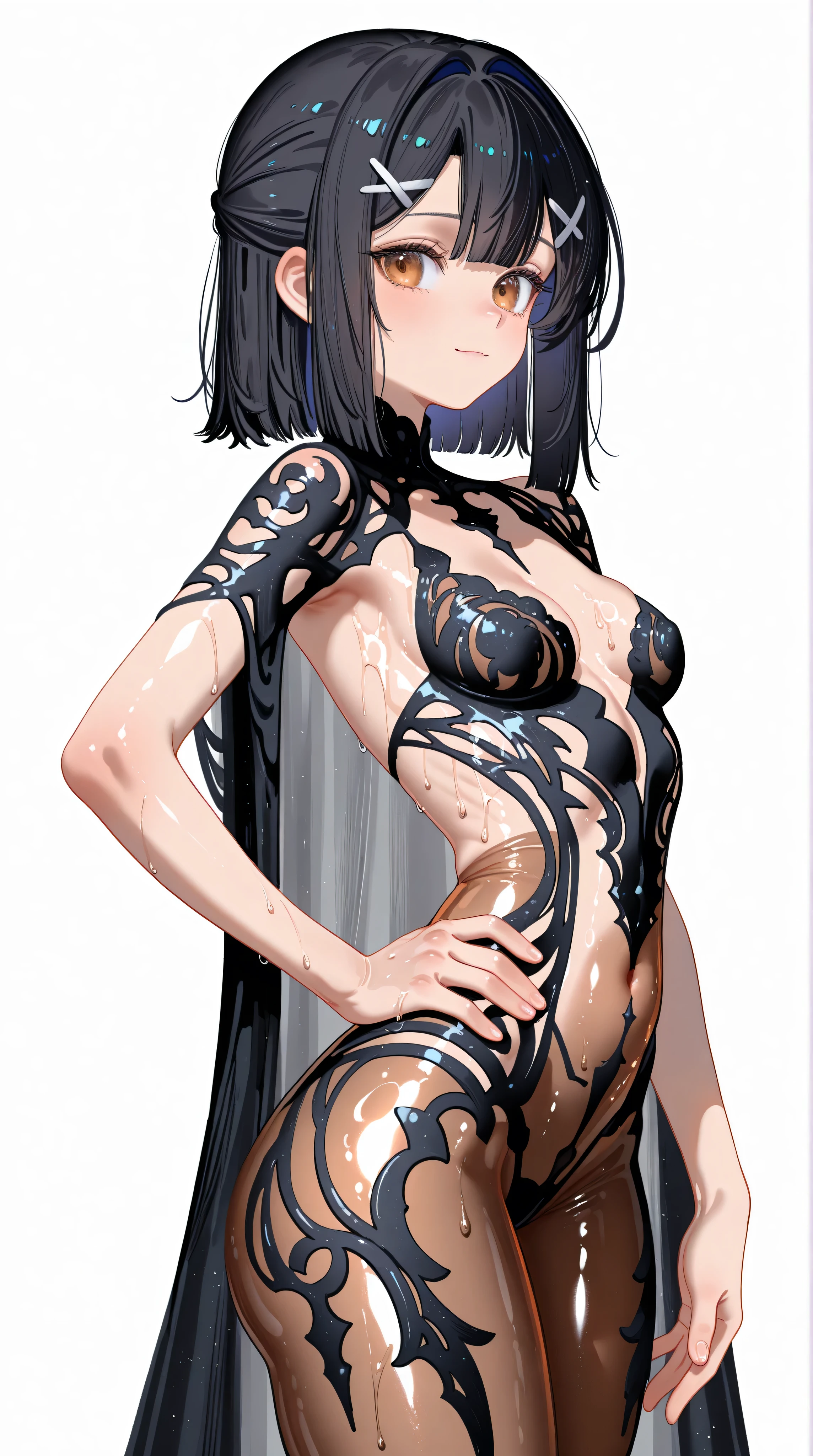 from side,side view,1girl,Miyu Edelfelt,light smile,solo,brown eyes,black hair,x hair ornament,small breasts,hand on hip,cleavage see-through,navel,bare back,slim,slim legs,chronopattern dress,full bodystocking,revealing-clothes,masterpiece,best quality,newest,highres,absurdres,very awa,shiny skin,(oiled),(artist:loika:0.5),(artist:xiaoshou xiansheng:0.8),artist:rin31153336,artist:gawako,realistic,white background