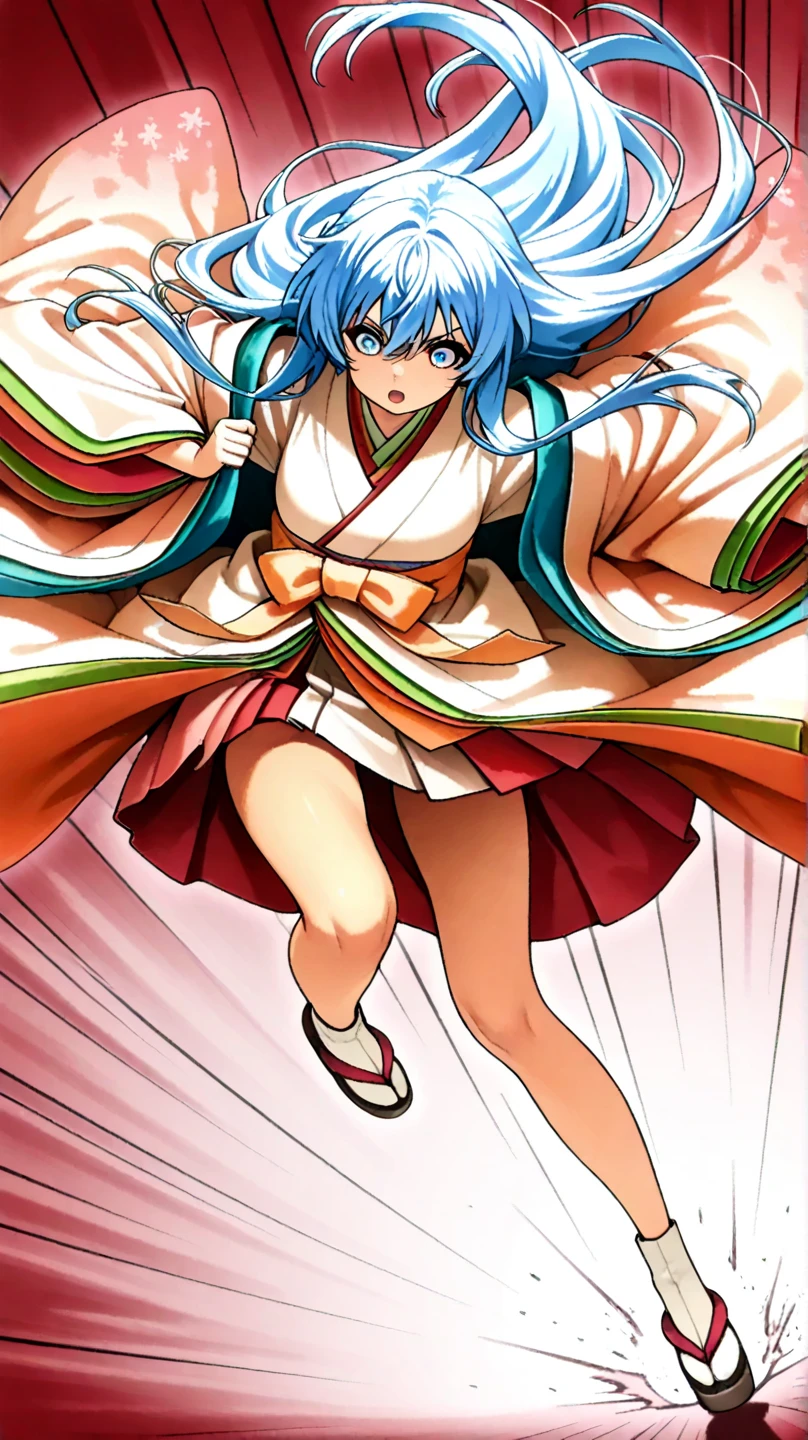 1girl, solo, aqua hair, very long hair, japanese clothes, kimono, scarf, cleavage, hair ornament, hair stick, kimono, sash, large breasts, red eyes, <lora:TomoeAdvanched:0.6>, (full body:0.9), fighting stance, grin, smile, KatanaOneHand, <lora:UnlimitedBladeWorksV1:1>