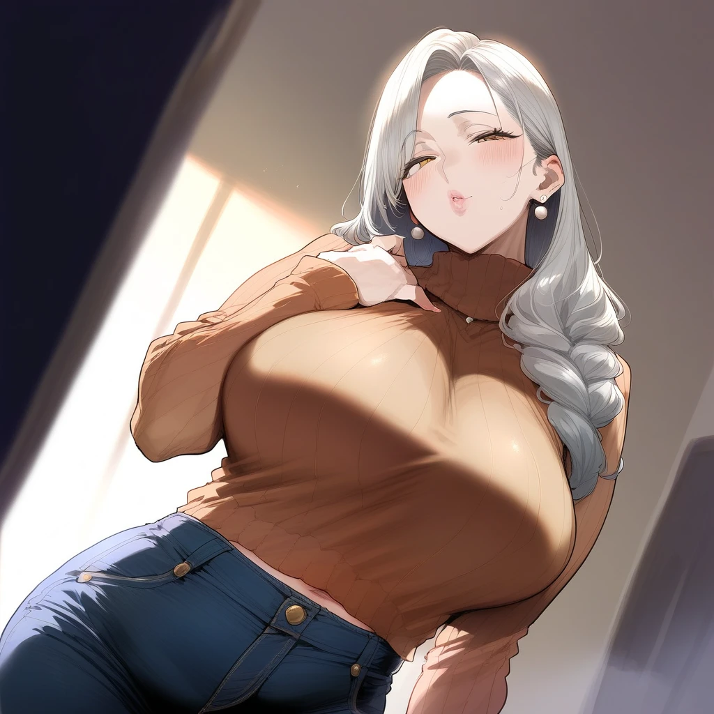 masterpiece, best quality, 1girl, mature female, mirufu, <lora:Seina-000009:1> seina, dark skin, dark-skinned female, blonde hair, blue eyes, black sweater, upper body, cowboy shot, kitchen,