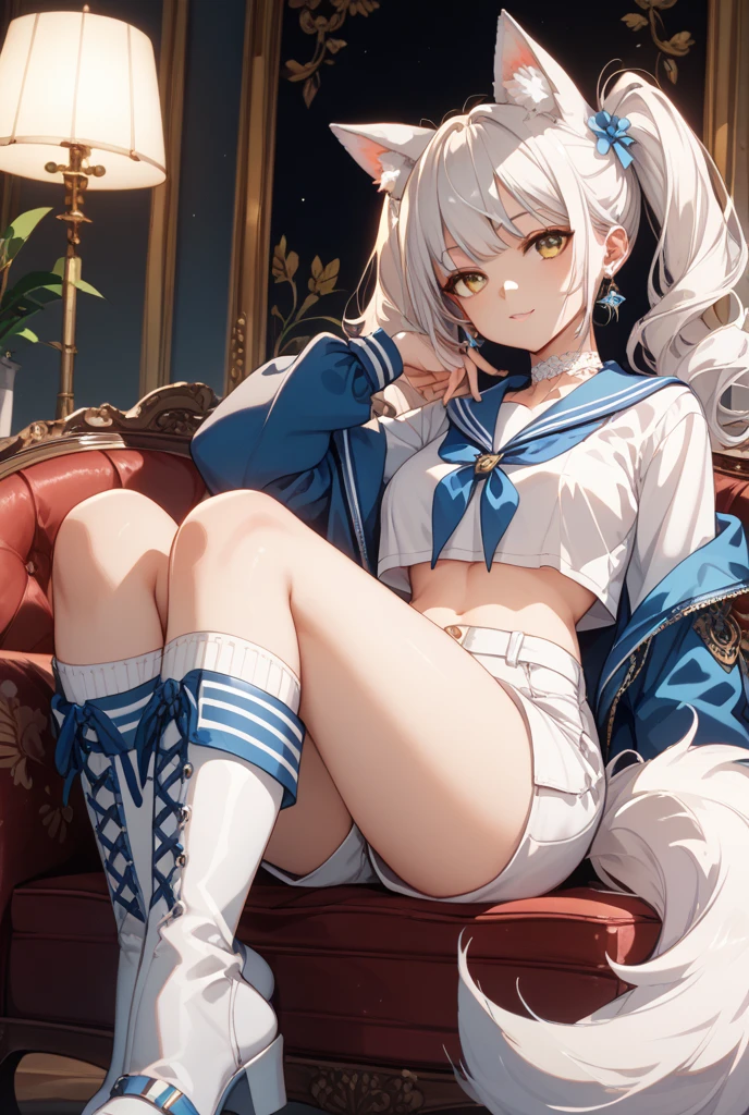 desenho， Extremely large，extra long leg，a sailor suit，the face，soaking wet，The large，，Wide buttock，sweat leggs，Hip tattoo sticking out tongue，Place your arms behind your head，looking at viewert，lie，no shoe，shoulder length hair，，Oversized buttocks，Hips facing the viewer，white short socks，White hair，the feet，Oral pervert， --auto --s2