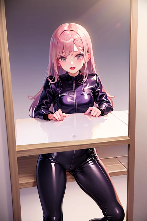 the real thing、女の子1人、ligh brown hair、Longhaire、Twin-tailed、Bewitching face、Green eyes、Infant body shape、((small tits))、((Black rubber suit:1.5)), The nipple is visible、((big breasts thin waist))、a wet body、cowboy  shot、Forward-facing、Shiny body、pee、Looking at the camera、((genitals are visible))、Shoot head-on、​masterpiece、top-quality