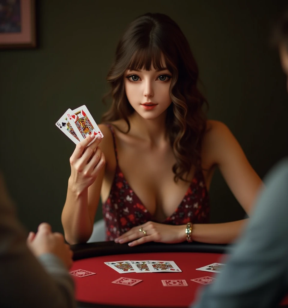 Create a hyperdetailed photorealistic macro image of a queen of hearts playing card lying on a card table. The queen is composed entirely of multiple tiny hearts. She looks contemporary, beautiful, and modern. She is portrayed as a temptress in a red silk dress surrounded by smokey red hearts and beckoning the viewer to enter the card with her finger emerging from the card in 3D along with red smoke. Add a red poker chip to the table.