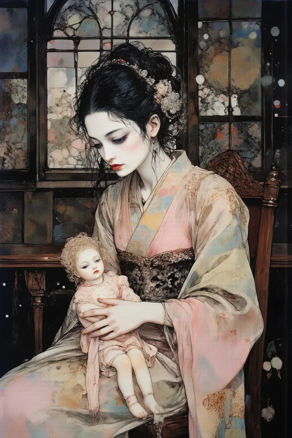A beautiful and lonely girl in a kimono、I'm holding a bisque doll in my hand、Dark Fantasy、portrait、high definition、Super Fine、Expert effects、real、realistic、professional、Vivid Color、bokeh effect similar to、dark tone、Atmospheric feeling 、melancholy vibe、surreal、oil paint