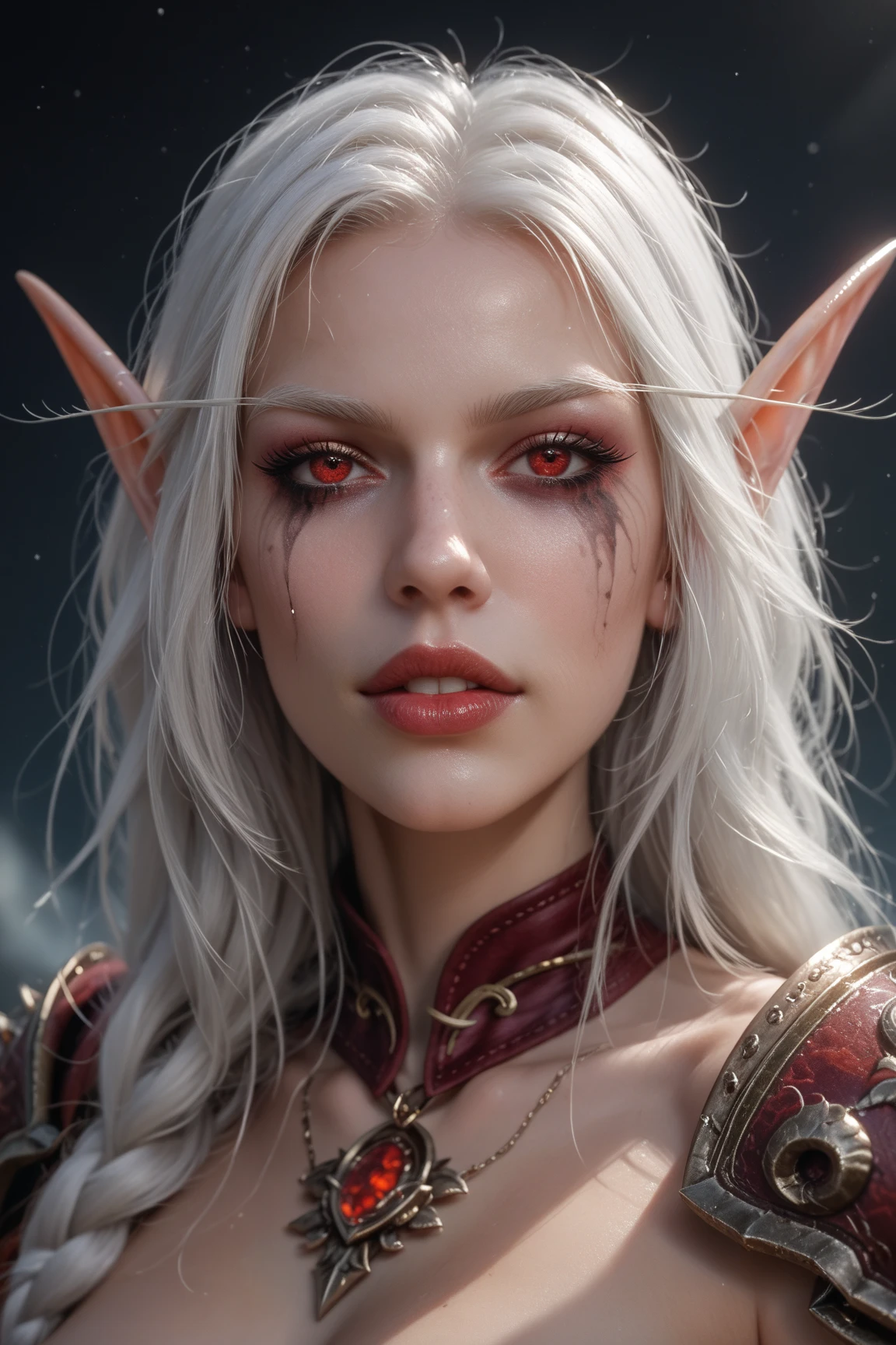 xsylvanasx, white hair, long hair, red eyes, elf, pointy ears, runny makeup, undead, синяя кожа, воинственная поза, агрессивный взгляд, стоит в полный рост, в руках держит лук.