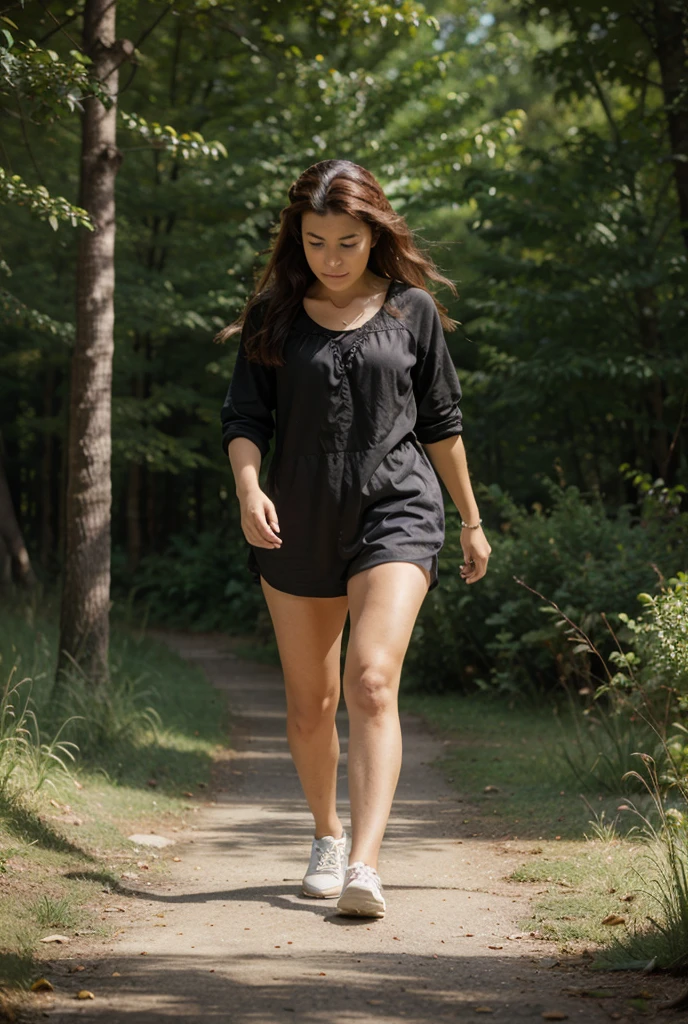 ultrarealistisch, perfekt, Details, 8K, brunette girl, rote Streifen, crop shirt, bare feet, Wandern, perfekte Details im Gesicht, Hippie, 60er-Jahre-Flair, Rucksack, bellybutton, long Hippie pants, full body view, feet, barefoot, on a hike, great details on everything