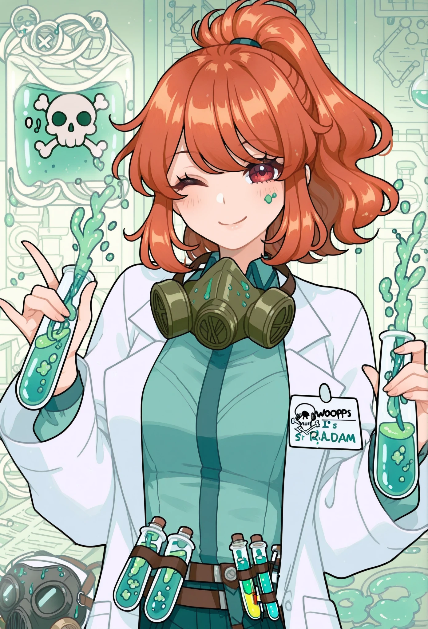 An alluring woman in a lab coat adding honey.