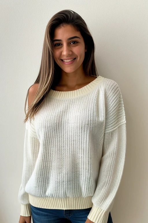 craft a hyper realistic natural attractive photo of north Indian most attractive woman in her age 34, [[pale Blue-cream Sweater and jeans full body attire]] [[Razor cut hair cut]] , charming, pretty, soft smile, pink lipstick, soft lips, black eyes, big smile, full body photo, looking straight at the photographer, natural body posture. 