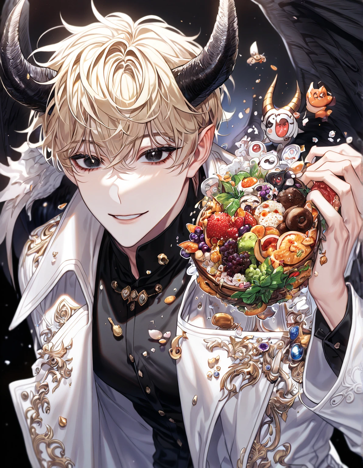 obra de arte, melhor qualidade, alta qualidade, olhe para o visualizador, Havia um menino sentado, Rosto jovem e bonito, 1 menino, :o, cabelo loiro, olhos vermelhos, not coffee, comendo bolo inteiro, Messy eating, eating with your hands, bolo de morango, chantilly ao redor da boca, esmagar bolo, Hands full of whipped cream, perfect hands, GAKURAN, open the front of the GAKURAN, camiseta