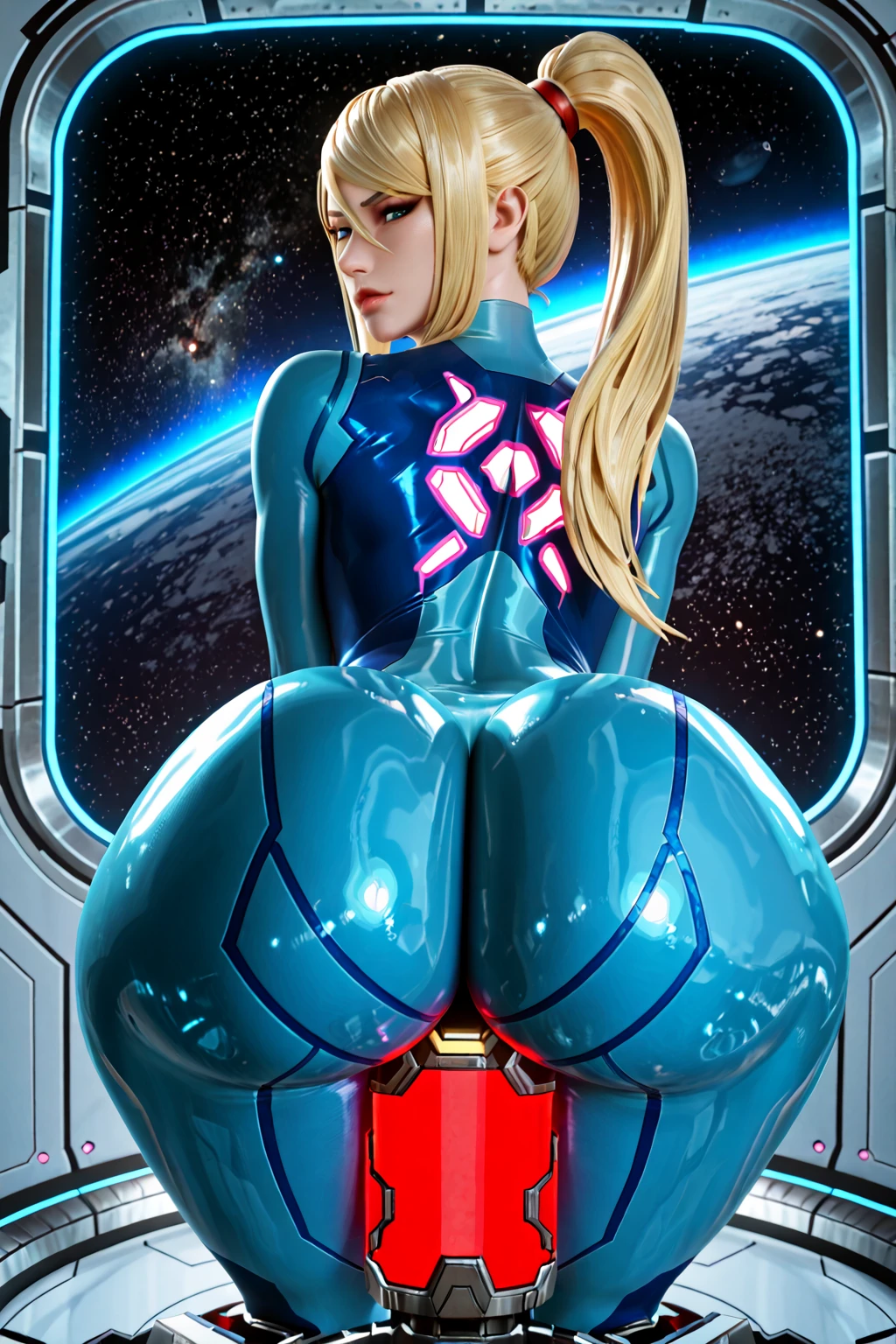 ((Zero Suit Samus)), (Samus Aran), (Metroid), ((sci-fi)), science fiction, ((straight jacket)), (ponytail), wearing a (big diaper), pleasure, colorful, fantasy, (magical fog), mature, (big breasts), wide hips, blushing, blonde, ((blushing)), big lips, bimbo, long lashes, (confident), ((mommydom)), atmospheric, ((medical room)), monitors, laboratory, science bay,