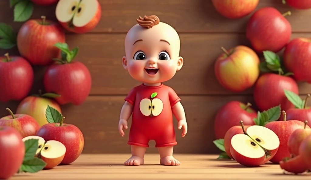 A small boy, very fat, cute, beautiful eyes, pink lips, fair, smiling while eating an apple,