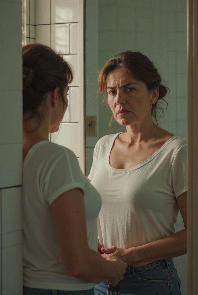 Close-up of the person looking at their stomach in the mirror, noticing some weight gain. 