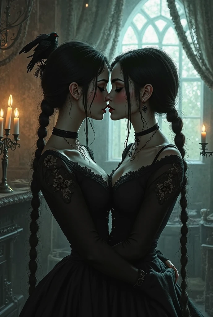 Two sexy women hugging each other while doing a satanic ritual, centered subject, blood on their face, skulls, ultra detailed, photorealistic, masterpiece, trending on Artstation, ominous atmosphere, sacred.