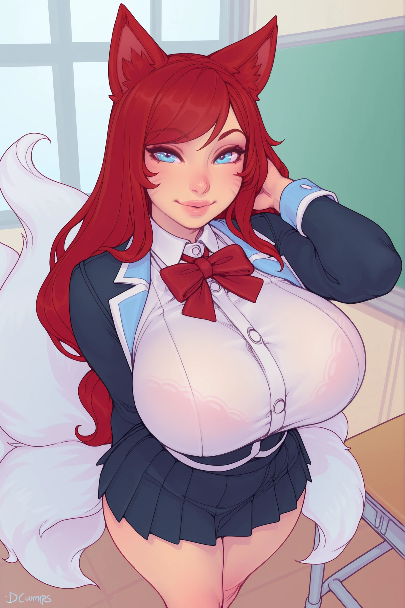 masterpiece, best quality, 1girl, ahri, anime, standing, red hair, blue eyes, huge breasts, looking at viewer, academy ahri, school uniform, kitsune, at school, detailed skin texture, detailed cloth texture, beautiful detailed face, art by djcomps