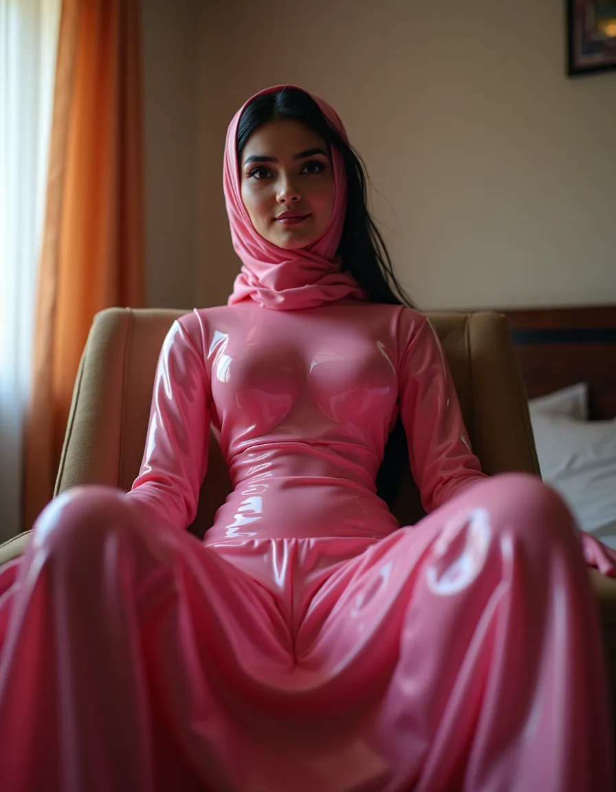 One girl with pink bikini, hijab, nude