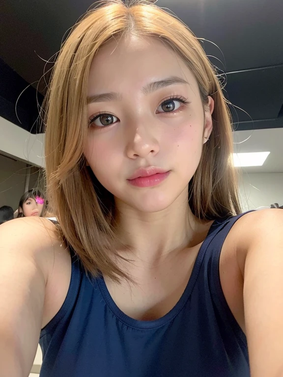1girl,(masterpiece:1.2), (best quality:1.2), (extremely detailed), selfie from center front, (extremely detailed face), ((ultra-detailed eyes and pupils)), (ultra detailed), 8k, photorealistic, pretty face, smile, instagram shot, instagram style, in the bedroom, looking at viewer, facing front, perfect skin, cinematic lighting, black eyes, upper body, portrait photo, no makeup, nikon RAW photo, 8k ,Fujifilm XT3, photorealistic, detailed face, fair skin, perfect shape, slim face, indoors, dim lighting, (looking at viewer:1.2), t-shirt, armpit, short hair, blonde, <lora:choalorashy:1>