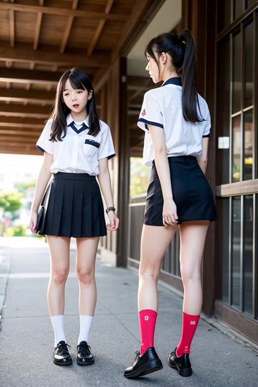 Japanese high school girl uniform black hair ponytail short skirt Thighs knee socks