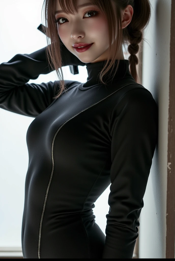 Top Quality, Masterpiece, Ultra High Resolution, (Photorealistic: 1.4), Raw Photo, Deep Shadows, Realistic, 8k, 1girl, Long Hair, Black Hair Ponytail, Chinese, Yellow Eyes, Moles Under Eyes, Tuned Abs, Dutch Angle, Bunny, Woman Rabbit, Rabbit Outfit, Pantyhose, Bunny Girl, Black Clothes, Pleasure Expression, Pleasure Face