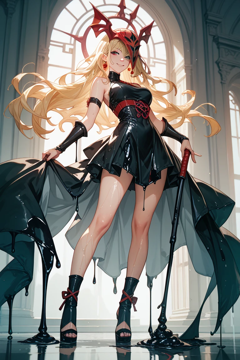 Dark magician gils with black gala dress. She wears red heels, has earrings. Wear necklaces.  Long blonde hair. blue eyes. Red lips. Sensual and subjective pose. Castle Background 