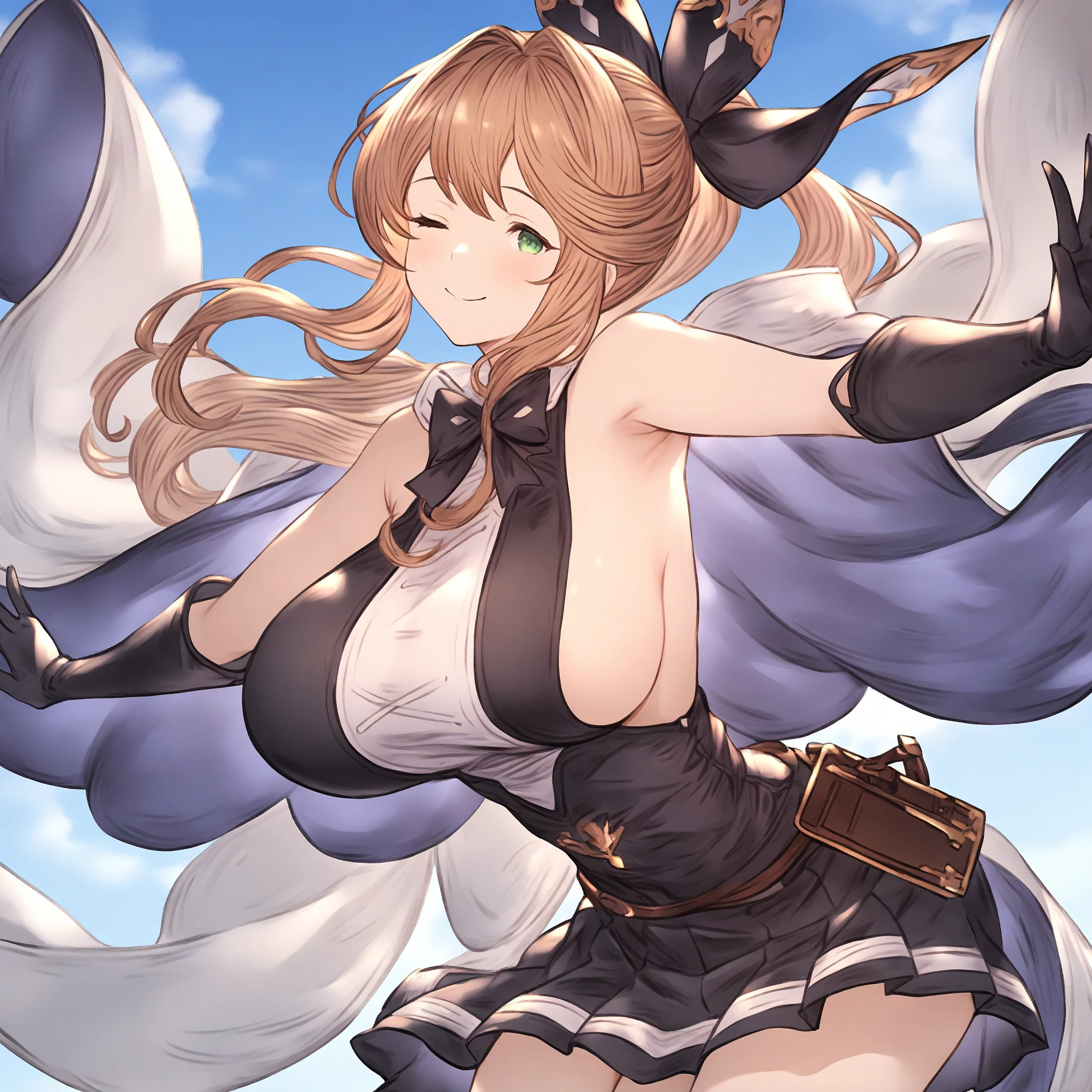 (Masterpiece: 1.5), (Best Quality: 1.5), Perfect Eyes, Perfect Face, Volumetric Lighting, 1 Woman, Mature Woman, (Whiteness: 5), fox ears, fox tail, dark brown hair, green eyes, sexy, enormous breasts, cleavage, sexy, thick tights, tied up hair, hair knot, short hair,