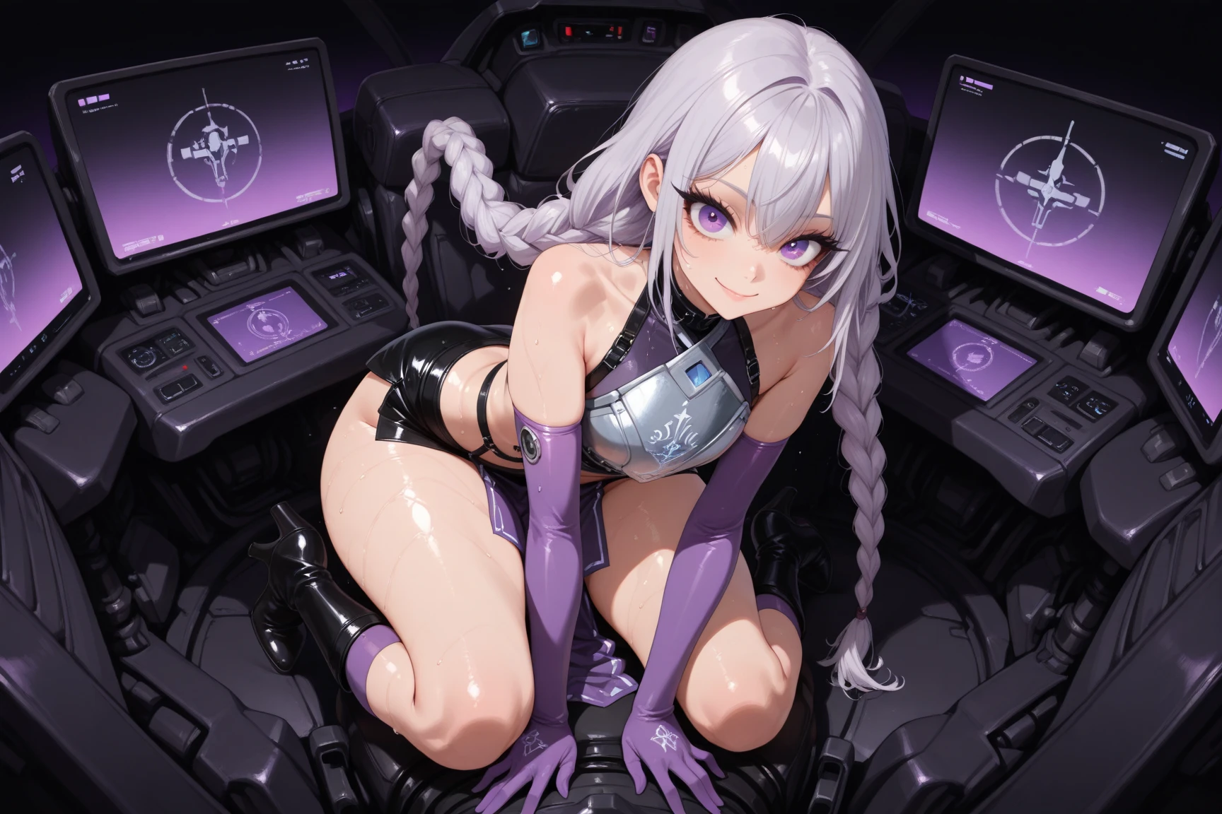 ((performing surgery on a cyborg child, breasts absent, with embers behind the head, lying on a table with legs open, placing purple liquid through tubes in her pussy, face with a cute smile,((growing a penis from your pussy))