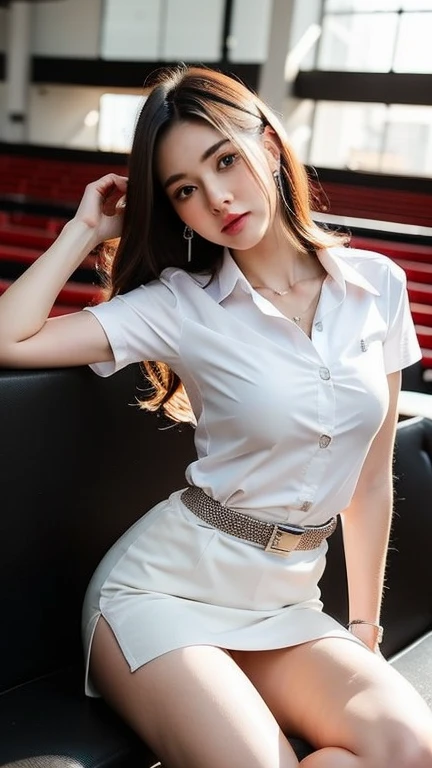 (High resolution 8K), Masterpiece, best quality, realistically ((middle bust)), hair in one eye, purple eyes, very big hoop earrings, Sharp eyes, choker, red gemstone necklace, (Symmetrical eyes), (The body is perfectly symmetrical. ), Photo of a beautiful 20 year old teenage girl, (Fit body), ((In the middle of the bed in a luxurious bedroom)), (black short skirt), University outfit, (( The young woman wore a tight-fitting white short-sleeved shirt., unbuttoned, Open your chest and show off your skin.)) ((black short pencil skirt The skirt has a deep slit in front of the legs.)), belt, side bangs, Blonde hair, Double eyelids, sharp eyeliner, Blush eyeshadow, thick eyelashes, very delicate and beautiful, round chin, sharp focus.. elegant. Turn your head with your legs open. Sit back and open your legs. Split your right leg over your left leg. Allow your legs to open naturally, with your legs apart, a dynamic pose.,mahalaiuniform