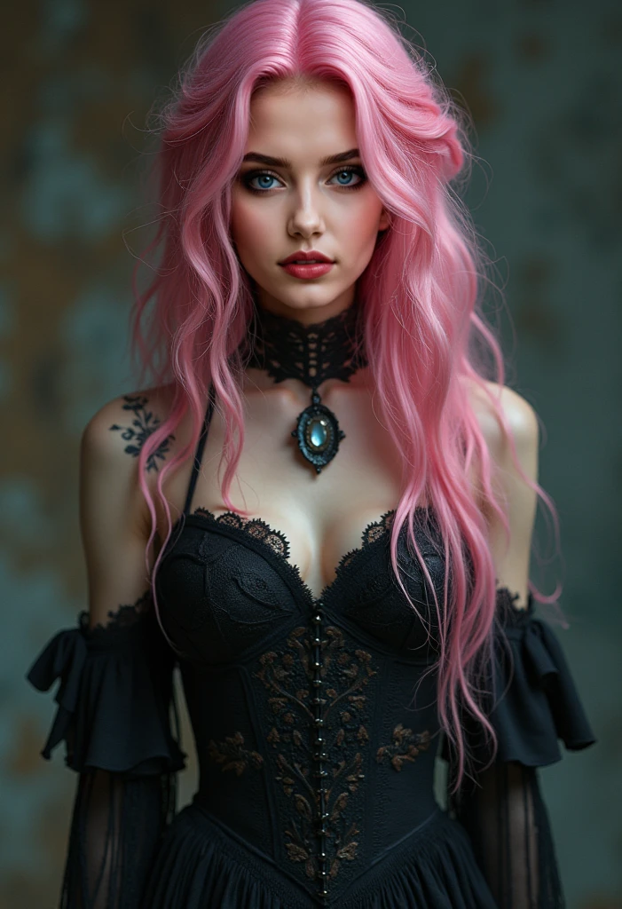 Very attractive 2 with wavy bright pink hair, dressed as a vampire, 2 bite marks on neck, inside a spooky castle, photo quality