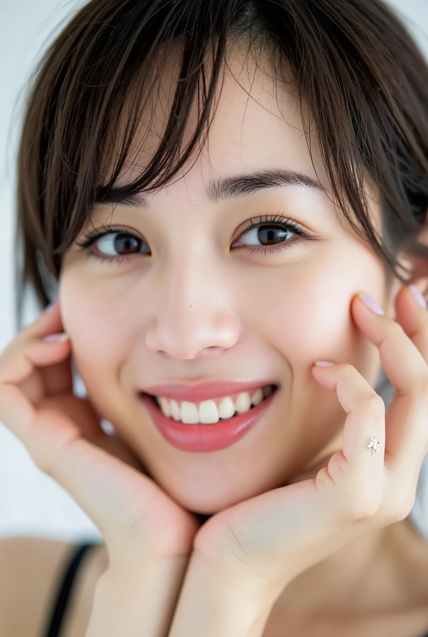 An extreme ultra close-up, hyperrealistic portrait of an overwhelmingly beautiful young Japanese woman, photographed in immaculate cinematic soft light. Her face fills 95% of the frame, captured in exquisite high-resolution with ultra-fine skin texture, visible pores, soft translucent peach fuzz, and a natural glossy finish like a luxury cosmetic advertisement.
Her expression is melting with affection, bashfulness, and uncontainable giddy euphoria. Both hands gently cup her flushed cheeks, fingers delicately curled and slightly open, as if trying to physically hold back her overwhelming feelings. Her deeply blushing cheeks radiate emotional warmth.
Her lips are parted in an uncontrollable, dopey smile — the corners stretched wide in a goofy grin. Her upper teeth are clearly visible, shown through a relaxed, helpless smirk that radiates silly joy and lovestruck amusement. It's the kind of grin that says she just can't stop smiling. The mouth glistens slightly with moisture, the smile loose and breaking down into total affection.
Her large, misty eyes are the emotional core: subtly out of alignment from each other, softly glazed and unfocused as if in a dreamy trance. She gazes downward slightly, with a vague, love-drunken look—lost in affection. Her irises are layered with multi-dimensional sparkles, including **multiple faintly floating heart-shaped catchlights** in different depths of her pupils and lens reflection. They shimmer with crystalline inner structure and glowing rainbow reflections, giving her a spellbound, otherworldly charm.
Her head is slightly tilted forward, chin tucked in, posture leaning toward the viewer in a vulnerable and affectionate gesture. Her gaze, though unfocused, still magnetically pulls toward the viewer with a blissfully dazed grin.
She wears a black camisole with one strap barely clinging to her shoulder, softly slipping, visible in soft peripheral blur. Background is pure white with dreamy bokeh; depth of field is extremely sha