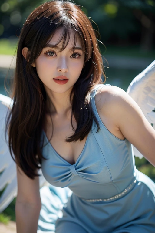wings growing on the back、the angel's wings、School swim wear、onepiece swimsuit、toppless、T back、Peeking at cleavage from above、Shot from the front、Colossal tits、Shaded face、独奏、Blue eyes、A slight smil