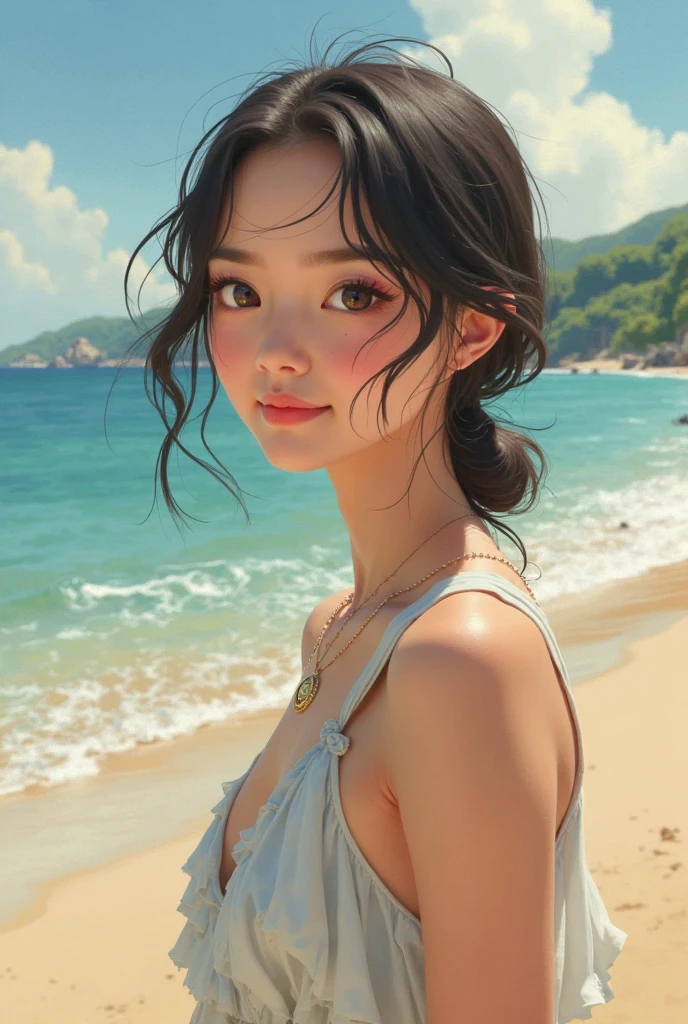 Slender Asian Girl, K-POP idol, ((beach volleyball)), ((highest quality, 8K, masterpiece: 1.3)), sharp focus: 1.2, beautiful woman with perfect figure: 1.4, Highly detailed face and skin texture, fine eyes, skinny, beautiful face, symmetrical face, full length, slightly naked, sexy, Partially visible chest